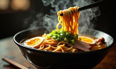Steaming bowl of ramen rich broth curly noodles