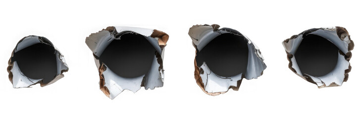 Collection set of metal bullet holes isolated on transparent or white background