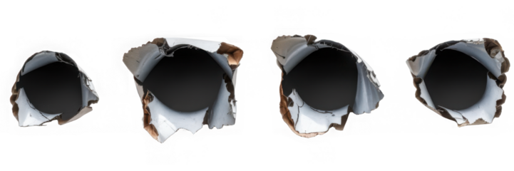 Collection set of metal bullet holes isolated on transparent or white background