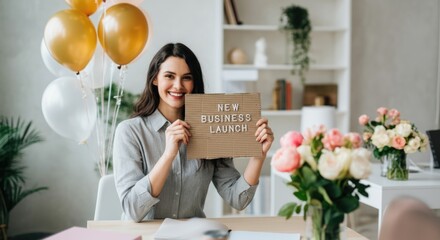 Caucasian female adult celebrating new business launch in office with balloons and flowers
