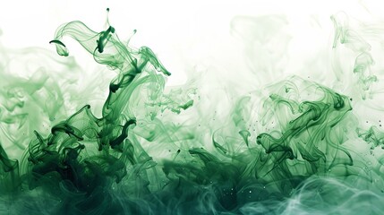 Fototapeta premium Green watercolor splashes on a white background. A green substance similar to smoke that flows and has a wavy appearance. Abstract smoke of green color. Background for the design