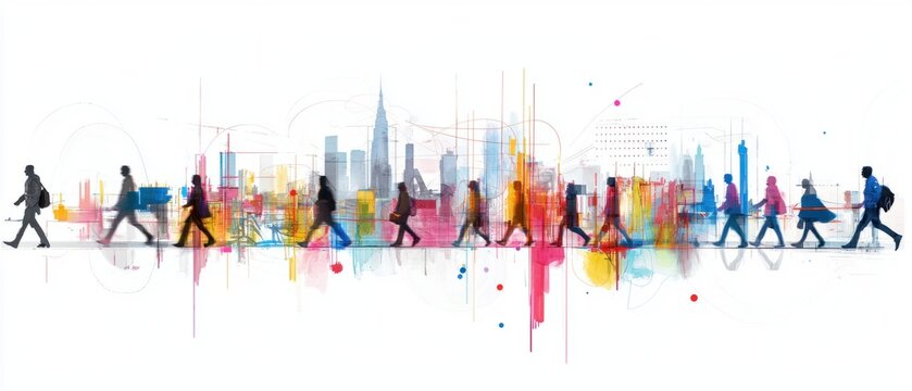 Dynamic urban life city dwellers in motion new york digital art vibrant environment side view modern society concept