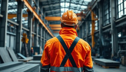 Worker in safety orange jacket, helmet stands inside large steel factory. Metal sheets, industrial machinery surround. Back view of person in working environment. Industrial production,