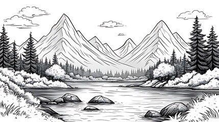 Monochrome illustration of serene mountain lake landscape.