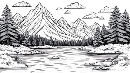Monochrome illustration of a serene lake nestled amidst majestic mountains and lush forests.