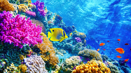 A vibrant scene of a person snorkeling in crystal-clear waters, surrounded by stunning coral reefs and a variety of colorful fish, showcasing the beauty of marine life.