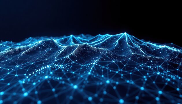 Digital radar visualization of terrain. Complex network of lines, points represents terrain map. Data visualized as connected network for tech concept. Abstract image of connected data points for