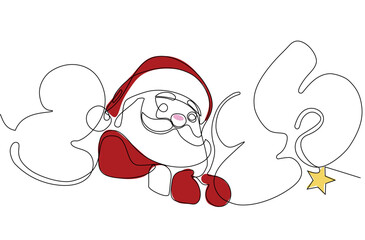 One continuous line drawing Santa Claus on reindeer and sled. concept for Christmas and New Year.  Vector illustration