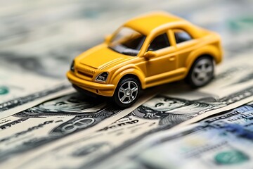 Yellow Toy Car on a Pile of One Hundred Dollar Bills