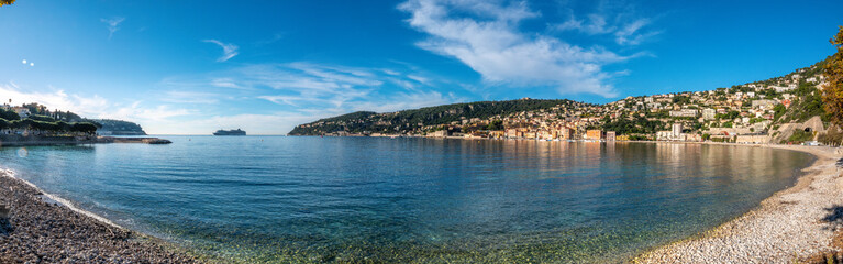 Panoramic view of beach between Villefranche-sur-mer and Cap Ferrat, French Riviera, Provence-alpes-c&ocirc;te d'azur, France