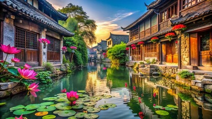 Obraz premium Wuzhen Macro Photography: Stunning Canal Town Details, Ancient Architecture, Water Lily Close-up, Historic Chinese Village, Macro Landscape, Detailed Textures