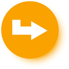 White arrow pointing right on an orange circle creates a simple, effective symbol of direction and navigation, enhanced by a subtle shadow for depth