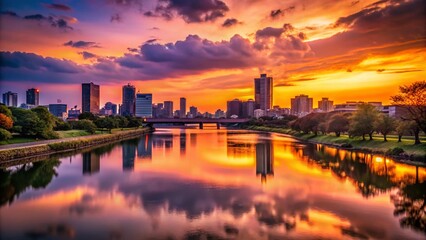 Fototapeta premium Yodogawa River Silhouette: Stunning Sunset, Osaka Cityscape, Japan Photography