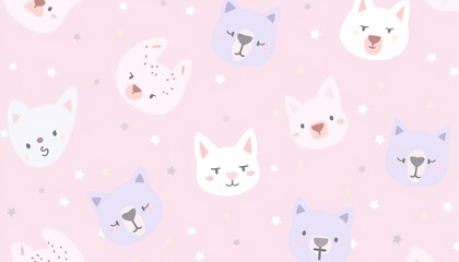 Playful animal faces pattern on a soft pink background with stars