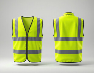 Bright neon green safety vest front, back view. Reflective stripes. Lightweight, practical design for various industries. No people background elements. Product shot. Suitable for construction