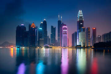 Fototapeta premium Futuristic cityscape at night, neon skyscrapers reflected on tranquil water surface