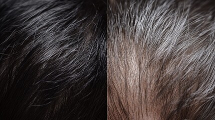 Close-up of a person's hair showing the transition from dark to graying hair. The image highlights the textural differences between the two hair colors.