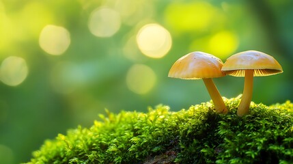 Fototapeta premium Two mushrooms growing on moss in magical forest