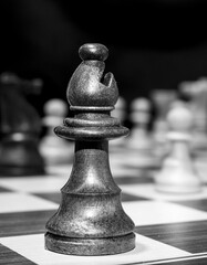 Chessmen photographed on a chessboard with a dark background