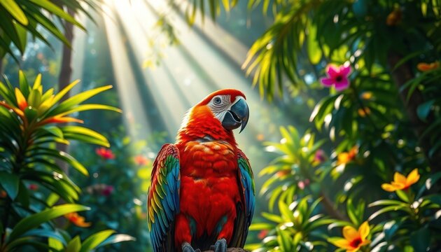 Colorful macaw parrot in tropical rainforest. Sunlight beams through foliage. Vibrant colors of bird, plants. Exotic nature scene. Paradise vibe. Ideal for travel, nature lovers. Stunning photo for