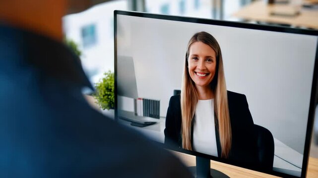 Man having a video call with female college saying hi at camera and smiling