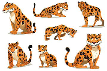 Dynamic Vector Illustration of Adorable Cartoon Leopards and a Sprinting Cheetah in Various Poses on an Orange and white Background.