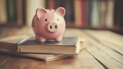 クラシックな木製テーブルに置かれた投資ガイドと貯金箱