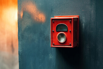 Fire alarm pull lever or button on blue wall, emergency services concept, copy space