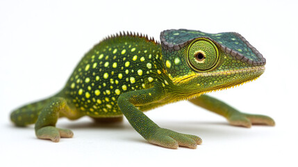 Obraz premium Chameleon green lizard animal isolated on white background, veiled reptile with colorful skin and camouflage, closeup of eye and tail, exotic tropical wildlife, side view of yemen chameleon in nature.