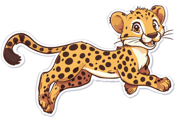 Dynamic Vector Illustration of Adorable Cartoon Leopards and a Sprinting Cheetah in Various Poses on an Orange and white Background.