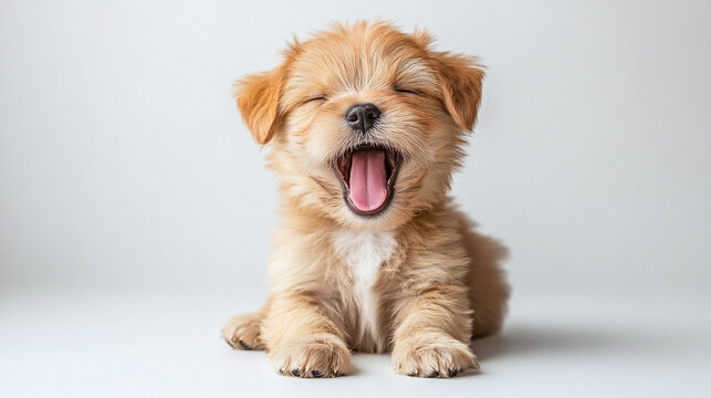 Cute adorable little puppy dog yawning isolated on white background. funny and sweet small domestic baby pet animal, tired lovely fluffy companion, open mouth, sleep, rest.