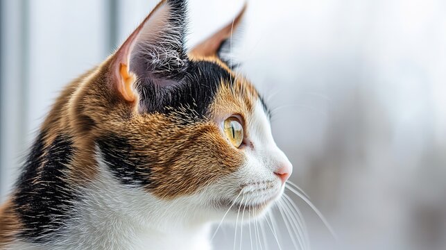 Close-up of calico cat gazing outside, whiskers in focus, bright eyes