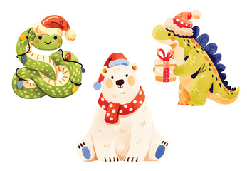 Set of Cute Merry Christmas and Happy New Year Illustrations or stickers. Festive christmas characters
