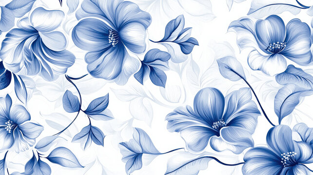 A polished ceramic tile texture featuring intricate hand-painted floral patterns in traditional blue and white, elegant and classic.
