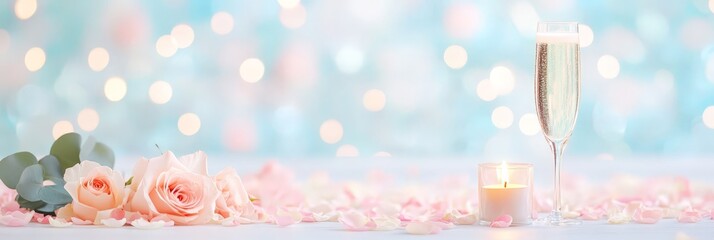 A delicate romantic setting with pink roses, petals, candles, and a glass of champagne on a table, with a bokeh background.