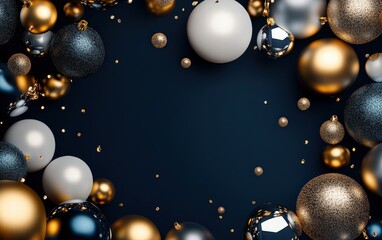 A bold and modern holiday backdrop with abstract 3D ornaments in metallic finishes floating over a deep navy blue background
