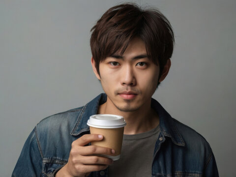 Joven japon&eacute;s sosteniendo una taza de caf&eacute; caliente en un vaso desechable
