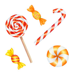Round lollipop on wooden stick and candy cane. Set of Christmas caramels in red, yellow, orange and white stripes on isolated background. Watercolor illustration of holiday sweets hand drawn.
