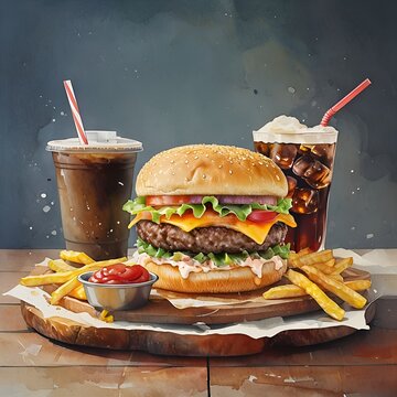doppio cheesburger e bibite gassate con contorno di patatine fritte e salse assortite su di un piatto, Double Cheesburger and soda with a side of fries and assorted sauces on a plate