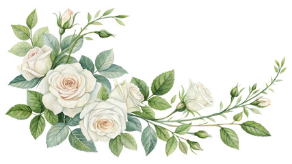 Watercolor White Roses Corner Bouquet, Isolated on White Background, Floral Composition, Botanical Illustration White roses, watercolor painting, floral arrangement, botanical art