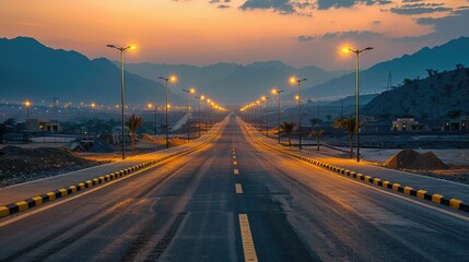 A serene road stretching into the mountains at sunset, illuminated by streetlights.