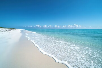 Sunny beach with clear blue water and white sand