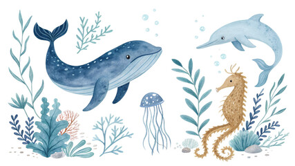 Watercolor Ocean Animals Composition Whale, Dolphin, Seahorse, Jellyfish, Seaweed, Isolated on White Background , Watercolor, Ocean Animals, Marine Life, Underwater Scene