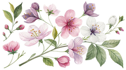 Watercolor Floral Branch Composition Pink and White Blossoms Isolated on White Background, Watercolor Painting, Flower Illustration, Spring Floral Design Watercolor, Floral, Blossom, Spring
