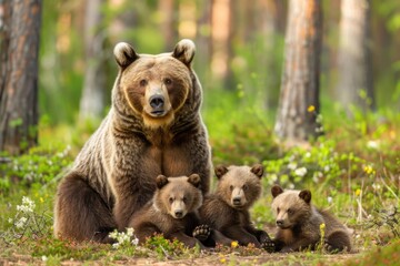 Fototapeta premium Mother Bear and Her Cubs: Brown Bear Family Enjoying Togetherness in Boreal Forest