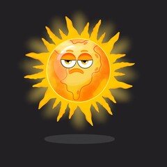 Cartoon sun,cute sad sun cartoon character, shiny bright sun vactor illustration 