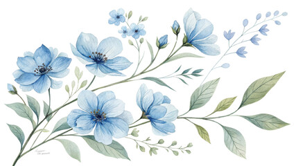 Watercolor Blue Floral Composition Delicate Blooms and Greenery Isolated on White Background