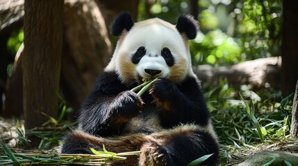 Fototapeta premium A panda sitting on the ground, munching on bamboo.