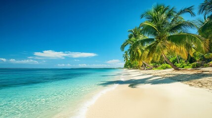 Fototapeta premium serene tropical beach with palm trees and crystal-clear waters, vibrant tropical paradise with golden sands and turquoise waves, relaxing getaway on a picturesque tropical beach