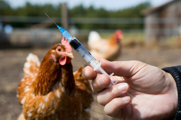 Syringe with blue plunger near chicken, blurred farm backdrop emphasizes context
